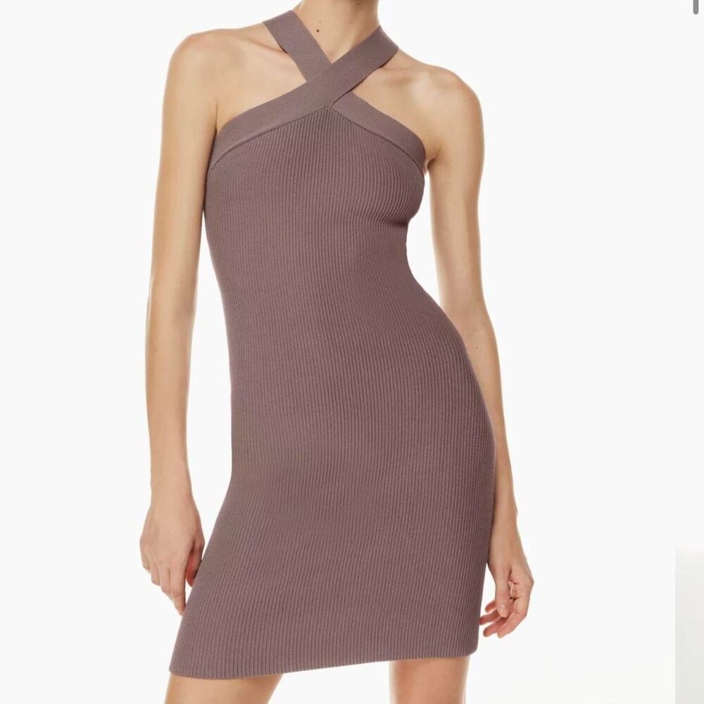 Babaton Mauve Ribbed Knit Cross-Neck Mini Dress